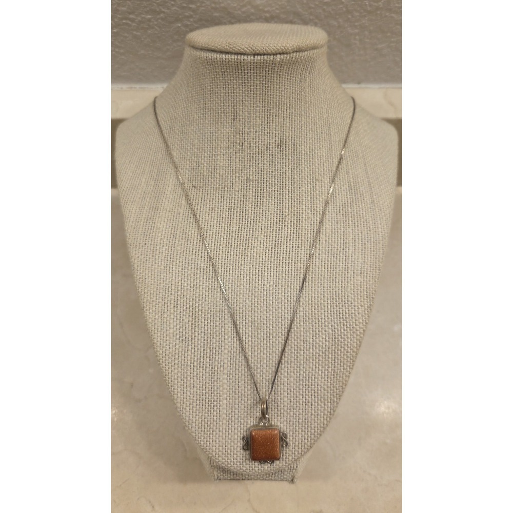Vintage Sterling Silver Brown Goldstone Pendant 24" Sterling Box Chain Italy 925